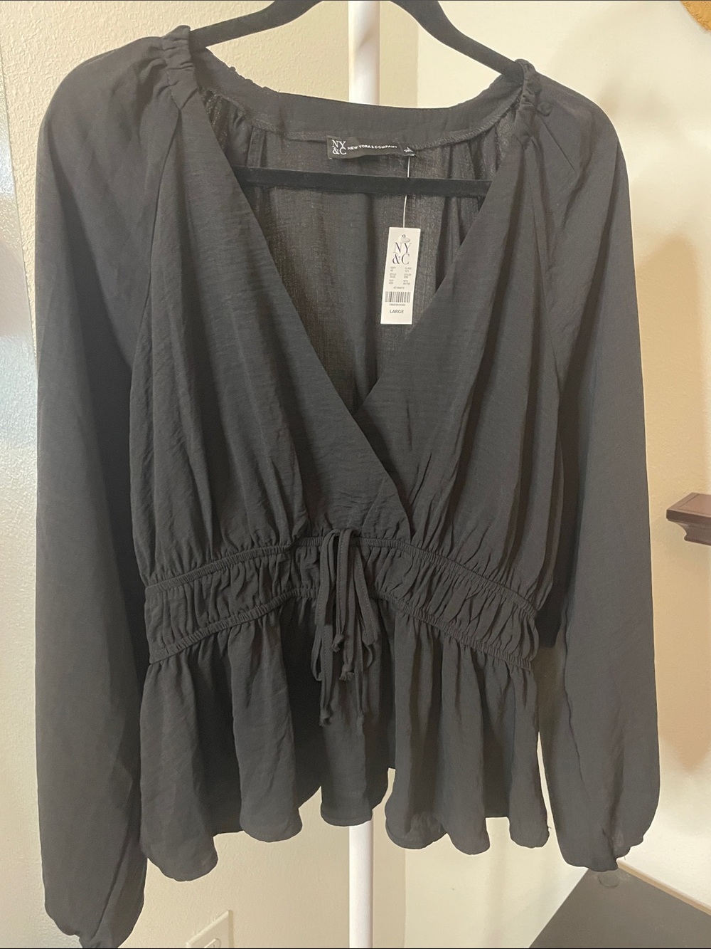 New York & Company Black V-Neck Drawstring Peplum Blouse
